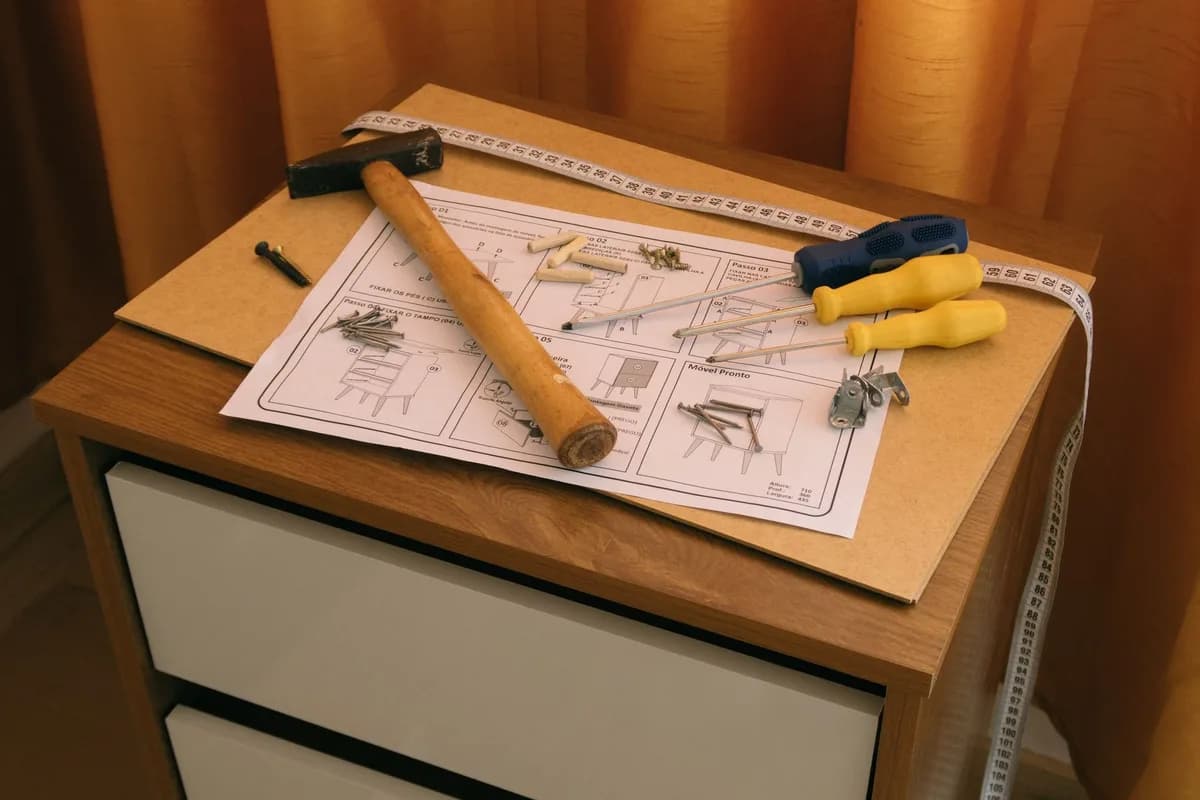 A flat-pack cabinet with an assembly instruction sheet, a hammer, two screwdrivers and a tape measure resting on top of it.