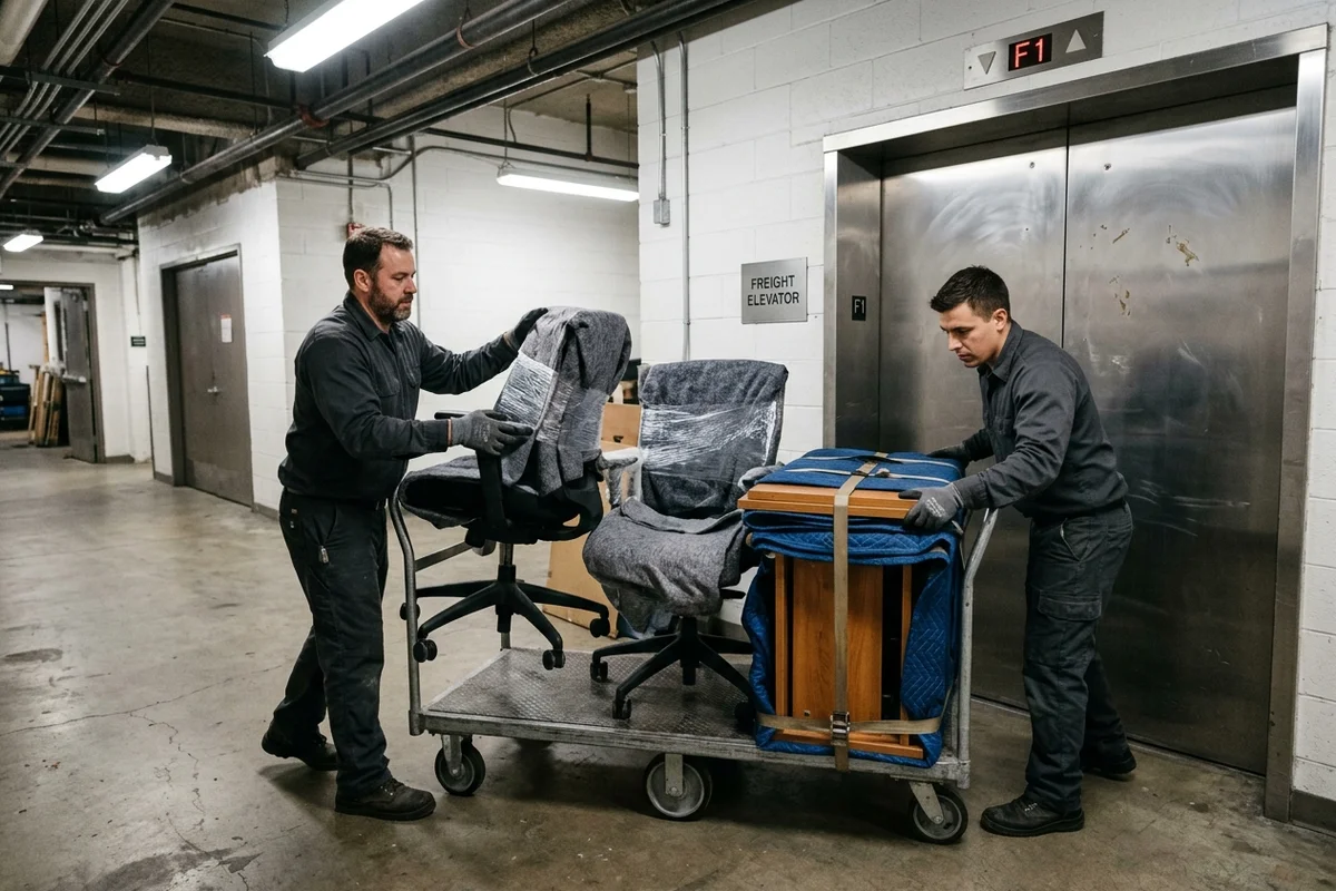 Two workers in dark uniforms pushing a flatbed trolley loaded with blanket-wrapped office chairs and a strapped wooden cabinet towards a steel freight lift
